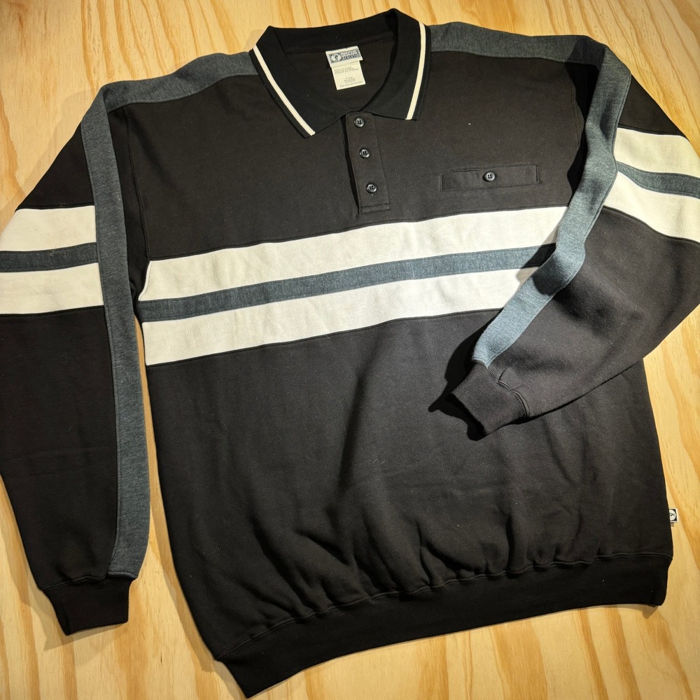 Discus Athletic Men's Polo Sweatshirt Black Striped Long Sleeve Pocket XL